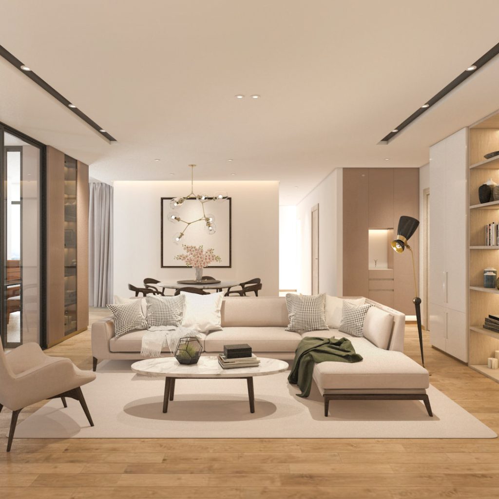 3d rendering wood classic living room with marble tile and bookshelf