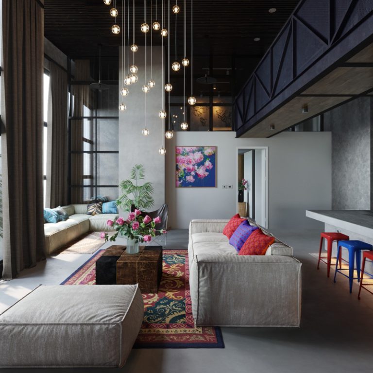 flying-pendant-lights-colourful-stools-kitsch-living-room