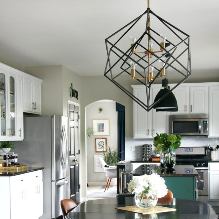 Kitchen-Reveal-part-2-Black-and-Gold-Geometric-Chandelier-with-black-pendants-over-kitchen-island-Ne