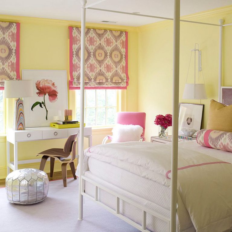 Light-filled-contemporary-bedroom-in-yellow-with-pink-accents